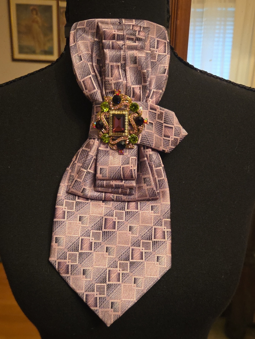 Lavender Geometric Cravat with Gem Brooch